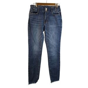 Flamingo Womens High Rise Skinny Jeans Medium Wash Raw Hem Double Button Large